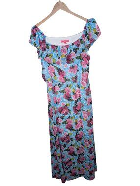Betsey Johnson Floral Maxi Dress Off-Shoulder Ruffle Sleeves Pink Blue Size 14